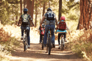paseo familiar en bicicleta por un bosque